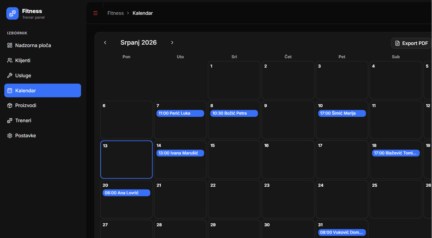 Kalendar s rasporedom termina treninga
